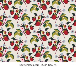 Floral ornamental pattern. Strawberries with fruits and flowers on a colored background . Vector illustration for banners, postcards, flyers, wallpapers for social networks, textiles, tablecloths, nap