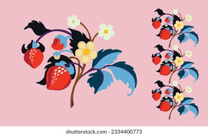 Floral ornamental pattern. Strawberries with fruits and flowers on a colored background . Vector illustration for banners, postcards, flyers, wallpapers for social networks, textiles, tablecloths, nap