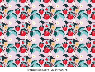 Floral ornamental pattern. Strawberries with fruits and flowers on a colored background . Vector illustration for banners, postcards, flyers, wallpapers for social networks, textiles, tablecloths, nap