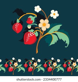Floral ornamental pattern. Strawberries with fruits and flowers on a colored background . Vector illustration for banners, postcards, flyers, wallpapers for social networks, textiles, tablecloths, nap