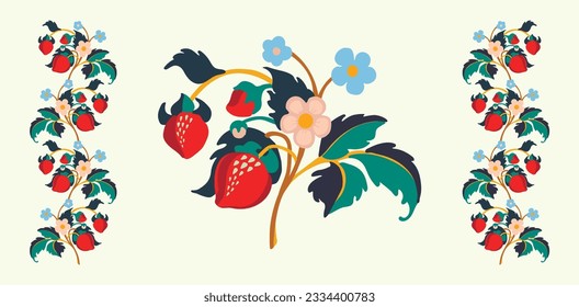 Floral ornamental pattern. Strawberries with fruits and flowers on a colored background . Vector illustration for banners, postcards, flyers, wallpapers for social networks, textiles, tablecloths, nap