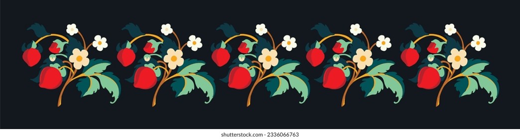 Floral ornamental pattern. Strawberries with fruits and flowers on a colored background . Vector illustration for banners, postcards, flyers, wallpapers for social networks, textiles, tablecloths, nap