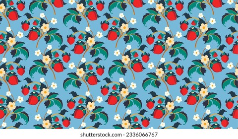 Floral ornamental pattern. Strawberries with fruits and flowers on a colored background . Vector illustration for banners, postcards, flyers, wallpapers for social networks, textiles, tablecloths, nap