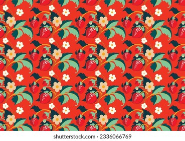 Floral ornamental pattern. Strawberries with fruits and flowers on a colored background . Vector illustration for banners, postcards, flyers, wallpapers for social networks, textiles, tablecloths, nap