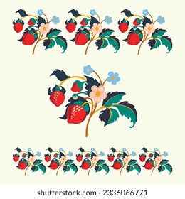 Floral ornamental pattern. Strawberries with fruits and flowers on a colored background . Vector illustration for banners, postcards, flyers, wallpapers for social networks, textiles, tablecloths, nap