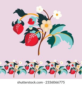 Floral ornamental pattern. Strawberries with fruits and flowers on a colored background . Vector illustration for banners, postcards, flyers, wallpapers for social networks, textiles, tablecloths, nap