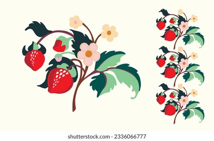 Floral ornamental pattern. Strawberries with fruits and flowers on a colored background . Vector illustration for banners, postcards, flyers, wallpapers for social networks, textiles, tablecloths, nap