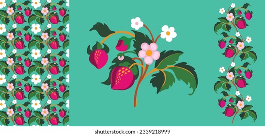 Floral ornamental pattern. Strawberries with fruits and flowers on a colored background . Vector illustration for banners, postcards, flyers, wallpapers for social networks, textiles, tablecloths