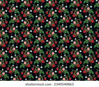 Floral ornamental pattern. Strawberries with fruits and flowers on a colored background . Vector illustration for banners, postcards, flyers, wallpapers for social networks, textiles, tablecloths, nap