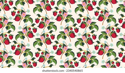 Floral ornamental pattern. Strawberries with fruits and flowers on a colored background . Vector illustration for banners, postcards, flyers, wallpapers for social networks, textiles, tablecloths, nap