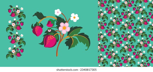 Floral ornamental pattern. Strawberries with fruits and flowers on a colored background . Vector illustration for banners, postcards, flyers, wallpapers for social networks, textiles, tablecloths, nap