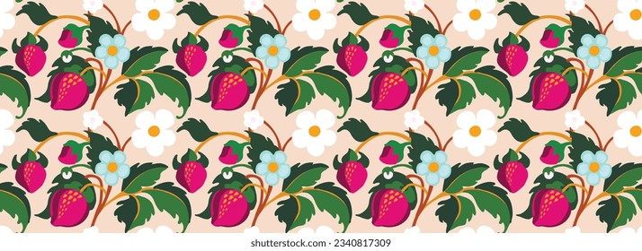 Floral ornamental pattern. Strawberries with fruits and flowers on a colored background . Vector illustration for banners, postcards, flyers, wallpapers for social networks, textiles, tablecloths, nap