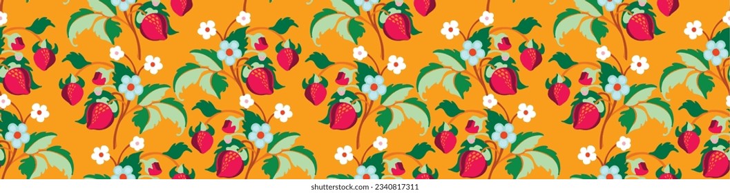 Floral ornamental pattern. Strawberries with fruits and flowers on a colored background . Vector illustration for banners, postcards, flyers, wallpapers for social networks, textiles, tablecloths, nap