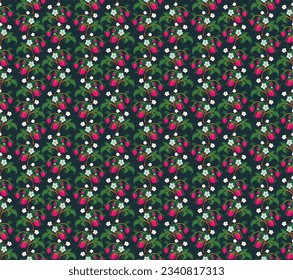 Floral ornamental pattern. Strawberries with fruits and flowers on a colored background . Vector illustration for banners, postcards, flyers, wallpapers for social networks, textiles, tablecloths, nap