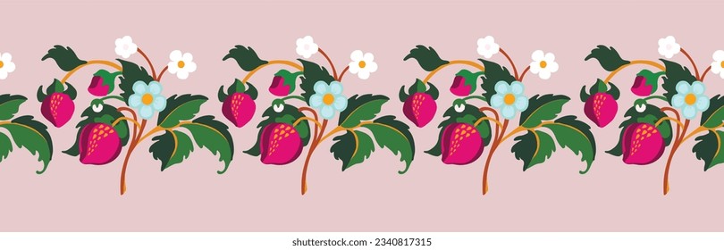 Floral ornamental pattern. Strawberries with fruits and flowers on a colored background . Vector illustration for banners, postcards, flyers, wallpapers for social networks, textiles, tablecloths, nap