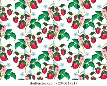 Floral ornamental pattern. Strawberries with fruits and flowers on a colored background . Vector illustration for banners, postcards, flyers, wallpapers for social networks, textiles, tablecloths, nap