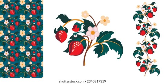 Floral ornamental pattern. Strawberries with fruits and flowers on a colored background . Vector illustration for banners, postcards, flyers, wallpapers for social networks, textiles, tablecloths, nap