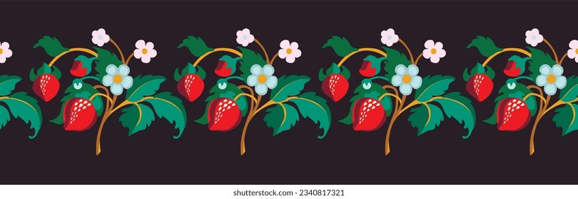 Floral ornamental pattern. Strawberries with fruits and flowers on a colored background . Vector illustration for banners, postcards, flyers, wallpapers for social networks, textiles, tablecloths, nap