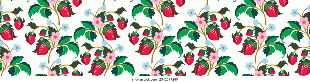 Floral ornamental pattern. Strawberries with fruits and flowers on a colored background . Vector illustration for banners, postcards, flyers, wallpapers for social networks, textiles, tablecloths, nap