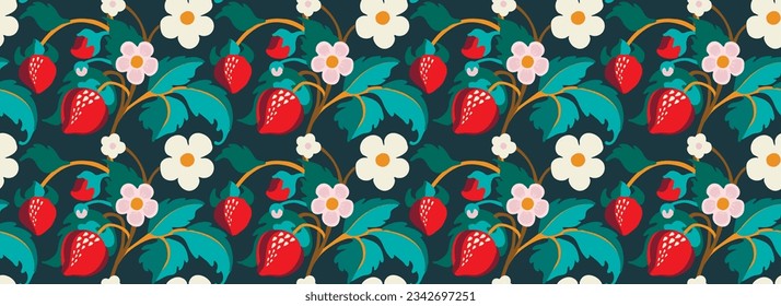 Floral ornamental pattern. Strawberries with fruits and flowers on a colored background . Vector illustration for banners, postcards, flyers, wallpapers for social networks, textiles, tablecloths, nap