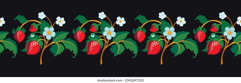 Floral ornamental pattern. Strawberries with fruits and flowers on a colored background . Vector illustration for banners, postcards, flyers, wallpapers for social networks, textiles, tablecloths, nap