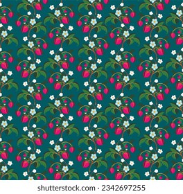 Floral ornamental pattern. Strawberries with fruits and flowers on a colored background . Vector illustration for banners, postcards, flyers, wallpapers for social networks, textiles, tablecloths, nap