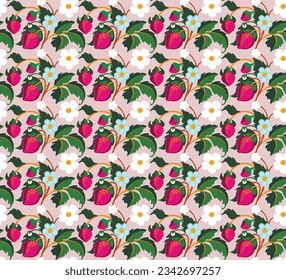 Floral ornamental pattern. Strawberries with fruits and flowers on a colored background . Vector illustration for banners, postcards, flyers, wallpapers for social networks, textiles, tablecloths, nap