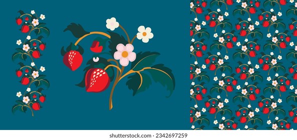 Floral ornamental pattern. Strawberries with fruits and flowers on a colored background . Vector illustration for banners, postcards, flyers, wallpapers for social networks, textiles, tablecloths, nap