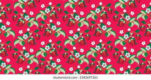 Floral ornamental pattern. Strawberries with fruits and flowers on a colored background . Vector illustration for banners, postcards, flyers, wallpapers for social networks, textiles, tablecloths, nap