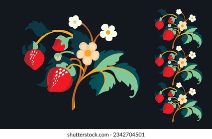 Floral ornamental pattern. Strawberries with fruits and flowers on a colored background . Vector illustration for banners, postcards, flyers, wallpapers for social networks, textiles, tablecloths, nap