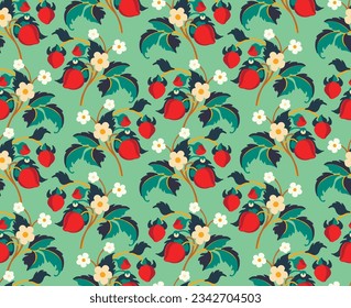 Floral ornamental pattern. Strawberries with fruits and flowers on a colored background . Vector illustration for banners, postcards, flyers, wallpapers for social networks, textiles, tablecloths, nap