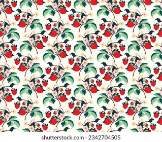 Floral ornamental pattern. Strawberries with fruits and flowers on a colored background . Vector illustration for banners, postcards, flyers, wallpapers for social networks, textiles, tablecloths, nap