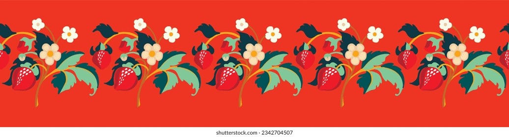 Floral ornamental pattern. Strawberries with fruits and flowers on a colored background . Vector illustration for banners, postcards, flyers, wallpapers for social networks, textiles, tablecloths, nap