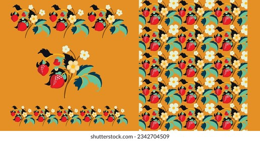 Floral ornamental pattern. Strawberries with fruits and flowers on a colored background . Vector illustration for banners, postcards, flyers, wallpapers for social networks, textiles, tablecloths, nap