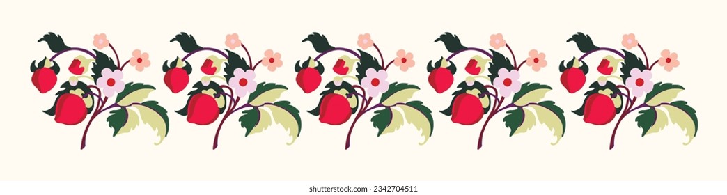 Floral ornamental pattern. Strawberries with fruits and flowers on a colored background . Vector illustration for banners, postcards, flyers, wallpapers for social networks, textiles, tablecloths, nap