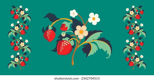 Floral ornamental pattern. Strawberries with fruits and flowers on a colored background . Vector illustration for banners, postcards, flyers, wallpapers for social networks, textiles, tablecloths, nap