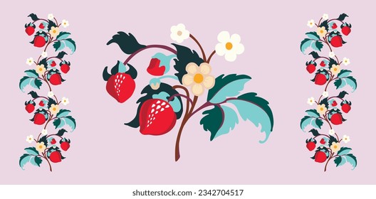 Floral ornamental pattern. Strawberries with fruits and flowers on a colored background . Vector illustration for banners, postcards, flyers, wallpapers for social networks, textiles, tablecloths, nap