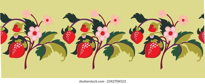 Floral ornamental pattern. Strawberries with fruits and flowers on a colored background . Vector illustration for banners, postcards, flyers, wallpapers for social networks, textiles, tablecloths, nap