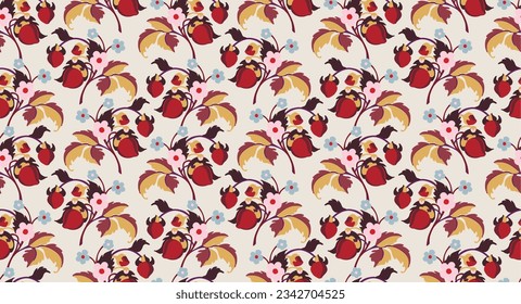 Floral ornamental pattern. Strawberries with fruits and flowers on a colored background . Vector illustration for banners, postcards, flyers, wallpapers for social networks, textiles, tablecloths, nap