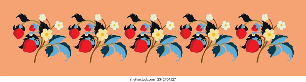 Floral ornamental pattern. Strawberries with fruits and flowers on a colored background . Vector illustration for banners, postcards, flyers, wallpapers for social networks, textiles, tablecloths, nap