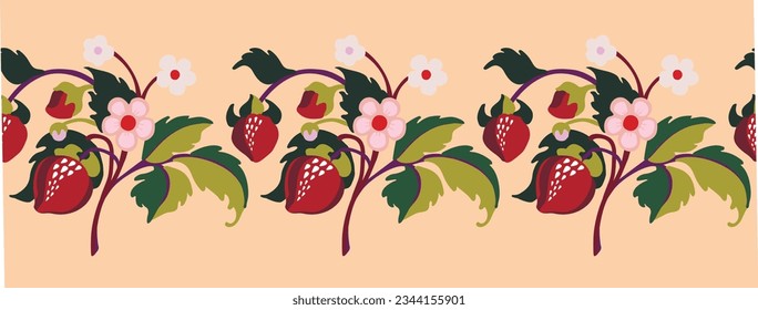 Floral ornamental pattern. Strawberries with fruits and flowers on a colored background . Vector illustration for banners, postcards, flyers, wallpapers for social networks, textiles, tablecloths, nap