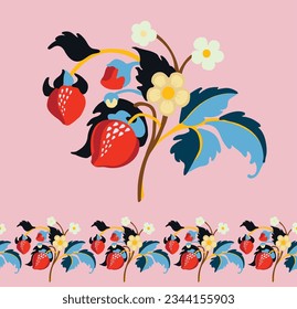 Floral ornamental pattern. Strawberries with fruits and flowers on a colored background . Vector illustration for banners, postcards, flyers, wallpapers for social networks, textiles, tablecloths, nap
