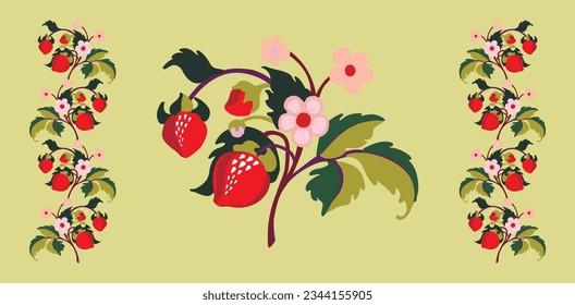Floral ornamental pattern. Strawberries with fruits and flowers on a colored background . Vector illustration for banners, postcards, flyers, wallpapers for social networks, textiles, tablecloths, nap