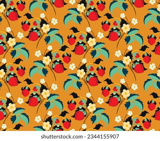 Floral ornamental pattern. Strawberries with fruits and flowers on a colored background . Vector illustration for banners, postcards, flyers, wallpapers for social networks, textiles, tablecloths, nap