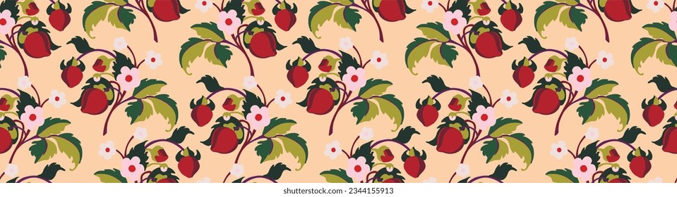 Floral ornamental pattern. Strawberries with fruits and flowers on a colored background . Vector illustration for banners, postcards, flyers, wallpapers for social networks, textiles, tablecloths, nap