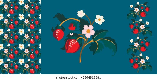 Floral ornamental pattern. Strawberries with fruits and flowers on a colored background . Vector illustration for banners, postcards, flyers, wallpapers for social networks, textiles, tablecloths, nap