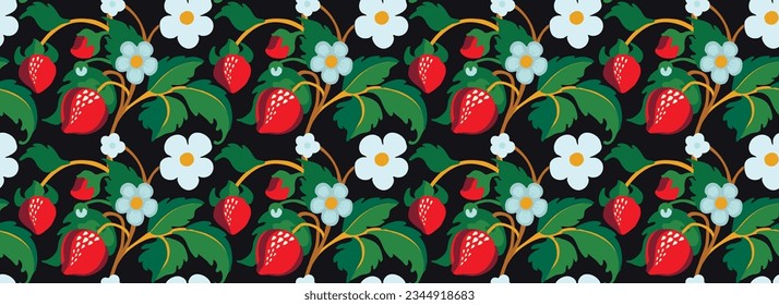 Floral ornamental pattern. Strawberries with fruits and flowers on a colored background . Vector illustration for banners, postcards, flyers, wallpapers for social networks, textiles, tablecloths, nap