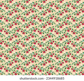Floral ornamental pattern. Strawberries with fruits and flowers on a colored background . Vector illustration for banners, postcards, flyers, wallpapers for social networks, textiles, tablecloths, nap