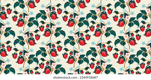 Floral ornamental pattern. Strawberries with fruits and flowers on a colored background . Vector illustration for banners, postcards, flyers, wallpapers for social networks, textiles, tablecloths, nap