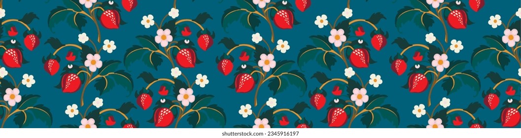 Floral ornamental pattern. Strawberries with fruits and flowers on a colored background . Vector illustration for banners, postcards, flyers, wallpapers for social networks, textiles, tablecloths, nap